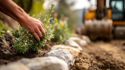 Travail de jardinage avec plantation de plantes pr&egrave;s d'une machine sur un chantier.