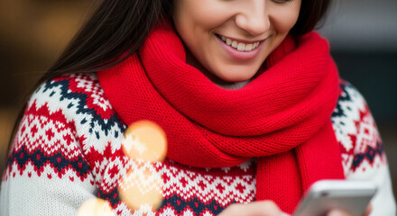 Close-up of a young woman with a red knitted scarf and festive Christmas sweater typing or reading messages on a smartphone during the holiday season