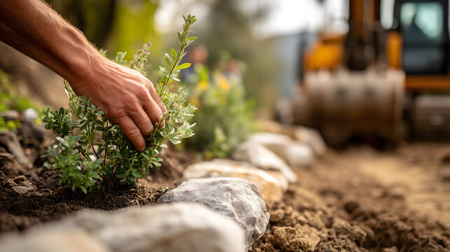Travail de jardinage avec plantation de plantes pr&egrave;s d'une machine sur un chantier.