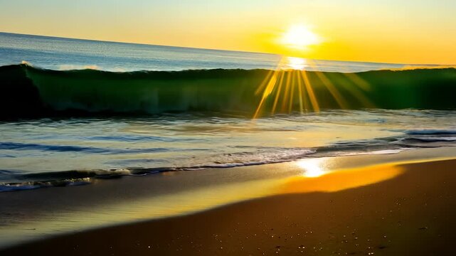 The sun sets on a tranquil beach, casting golden rays that dance on the gentle waves. Soft waves lap against the sandy shore, creating a peaceful atmosphere for relaxation.