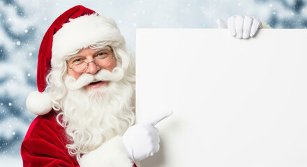 Santa Claus in a red suit with a large and blank white sign for Christmas messages on a snowy winter background