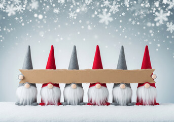 Christmas gnomes standing in a snowy landscape, holding a blank sign for messages