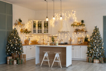 Christmas decorated cozy kitchen interior