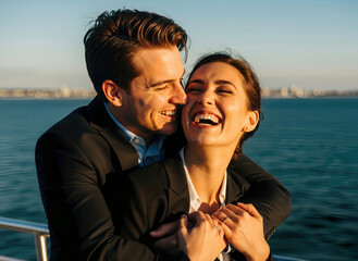 Portrait of a joyful business couple embracing and laughing on a yacht deck during golden hour with a blurred coastal city background.