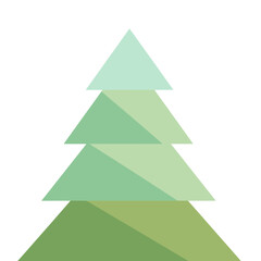 Fototapeta premium A minimalist geometric illustration of a green pine tree or Christmas tree, composed of stacked triangles in varying shades of green, set against a clean white background.