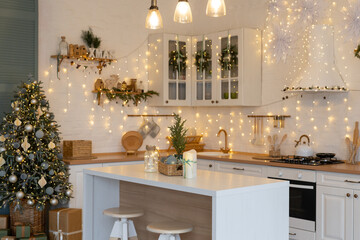 Christmas decorated cozy kitchen interior
