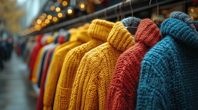 A vibrant display of colorful knitted coats hangs elegantly on a rack within a store window, creating a visually appealing and inviting scene.