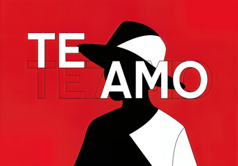 Graphic silhouette of a person wearing a hat with bold white Te Amo typography overlaid against a vibrant red background in a minimalist pop art style.