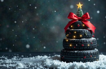 Christmas tree shaped car tires with red ribbon and gold star. Winter tires on snow. New Year's advertising banner. Space for text. falling snowflakes.