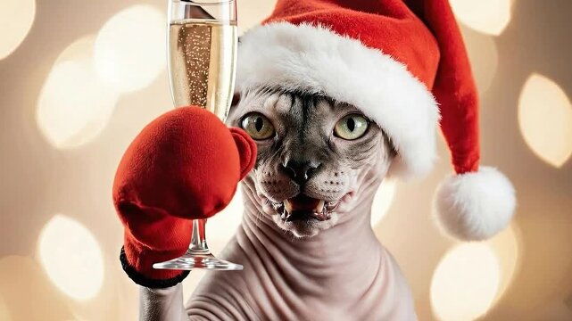 Funny White Cat in Santa Hat Celebrating with Champagne 