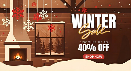 Warm Winter Sale Fireplace Illustration. A warm winter cabin interior with a glowing fireplace and hanging snowflakes promoting a seasonal discount.