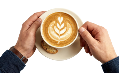 Top view of male hands holding cup of cappuccino with latte art