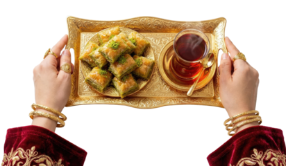 Female hands holding golden tray with turkish baklava and tea glass