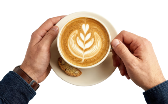 Top view of male hands holding cup of cappuccino with latte art