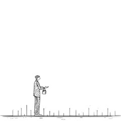 Obraz premium Catching dreams: a whimsical sketch of a man reaching for floating bubbles of inspiration and ideas today