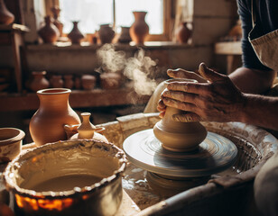 Obraz premium Artisan hands shaping clay on a spinning wheel. A metaphor for creation, skill, and tradition. Warm, earthy tones evoke craftsmanship and artistry.