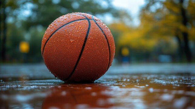 A basketball covered in water droplets rests in a shallow puddle, creating a reflective and textured image. Evokes themes of freshness, dampness, and sport. - Powered by Adobe