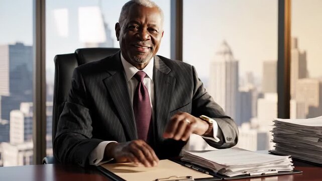 Mature professional man in suit reviewing documents at desk with city view