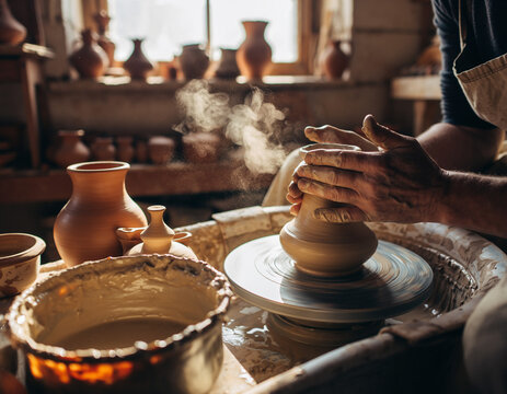 Artisan hands shaping clay on a spinning wheel. A metaphor for creation, skill, and tradition. Warm, earthy tones evoke craftsmanship and artistry.