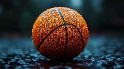 A close-up shot of a basketball covered in glistening water droplets, creating a reflective and textured surface. The droplets emphasize the ball's surface and suggest freshness or a recent wash.