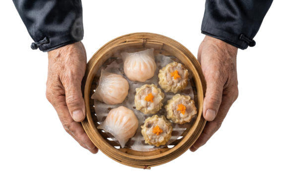 Male hands holding bamboo steamer with dim sum dumplings and siu mai