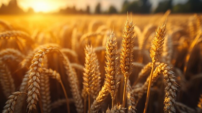 Close-up shot of ripe golden wheat ears in a field illuminated by warm sunlight at sunrise or sunset. Represents harvest, abundance, and rural beauty.