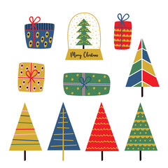 set of isolated Christmas trees and gifts