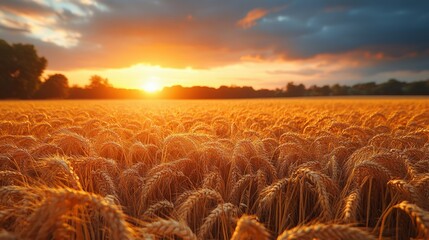 A vast field of ripe golden wheat stretches towards the horizon, bathed in the warm glow of a vibrant sunset. Dramatic clouds fill the sky, creating a breathtaking and serene landscape.