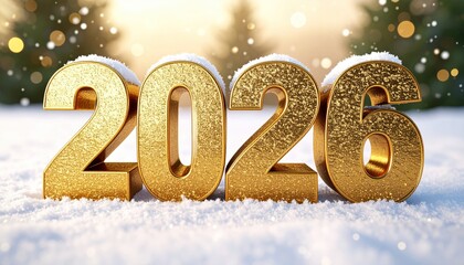 Golden 2026 numbers in snow, winter scene with festive bokeh lights.