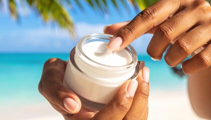Female hand dipping finger into white skincare cream jar against blurred tropical beach and blue ocean background.