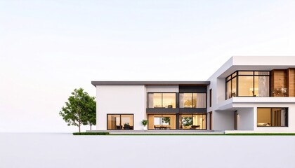 Modern luxury house exterior architectural rendering with large windows, contemporary design, warm interior lighting, and lush greenery on a clean white background.