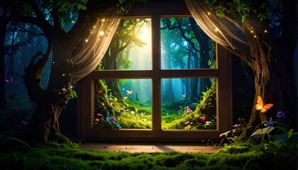 Enchanted Forest Window View with Golden Sunlight, Fairy Lights, and Butterflies