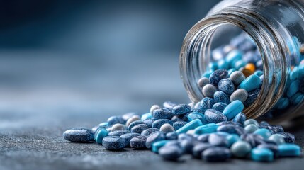 Close-Up of Colorful Pills Spilled from Glass Jar