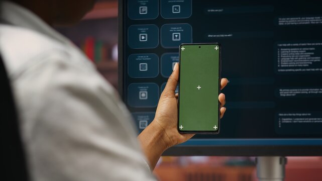 Woman using isolated screen smartphone and AI LLM chatbot on computer screen in home office. Person holding chroma key phone uses artificial intelligence chatbot on monitor, camera B