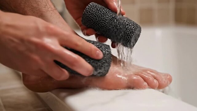 Person exfoliating foot with pumice stone in soapy water during bath