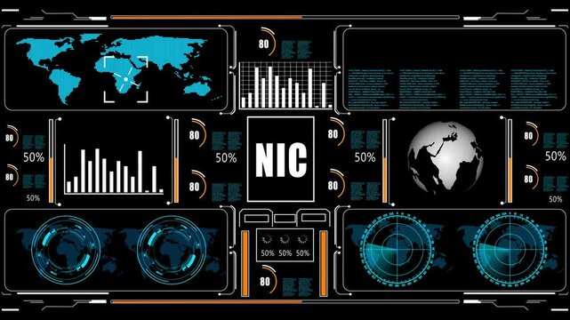 NIC text animation. Cyberspace HUD elements animation. technology abstract background internet of things animation concepts.