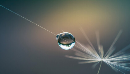 Delicate macro shot featuring a glistening water droplet suspended on a dandelion seed. Evokes purity, fragility, and new beginnings. Great for nature, and abstract concepts.