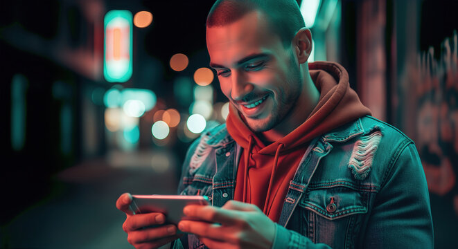 Smiling man using his smartphone on a city street at night with neon lights, wearing a red hoodie and denim jacket, illuminated by the phone screen.
