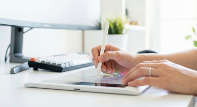 A designer uses a stylus pen on a digital tablet to create graphics in a bright, modern office. Perfect for technology, design, or remote work concepts.