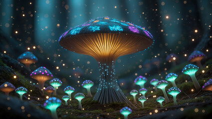 Glowing fantasy mushrooms in magical forest with vibrant bioluminescent colors for creative projects, mystical nature themes and dreamy visual design
