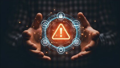 A person's hands holding a glowing digital interface with a central warning symbol, representing cybersecurity risk and system alerts.