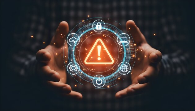 A person's hands holding a glowing digital interface with a central warning symbol, representing cybersecurity risk and system alerts.