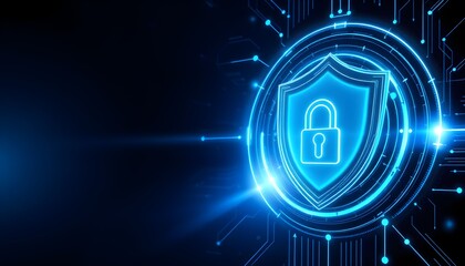 A glowing blue shield with a padlock icon symbolizing cybersecurity and data protection on a digital background.