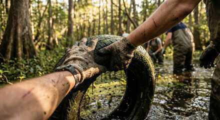 Dedicated volunteers remove a discarded tire from a polluted swamp, symbolizing environmental cleanup and conservation efforts.