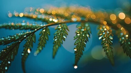 Macro shot of wet fern in forest under golden morning sun
