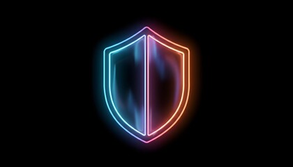 Neon shield icon with blue and orange glow on black background.