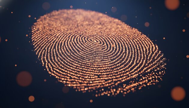 A glowing, digital fingerprint composed of tiny particles against a dark, bokeh-filled background.