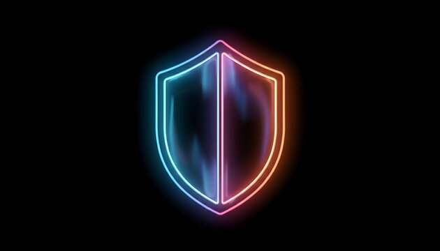Neon shield icon with blue and orange glow on black background.