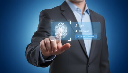 Businessman using biometric fingerprint scanner for secure digital login.
