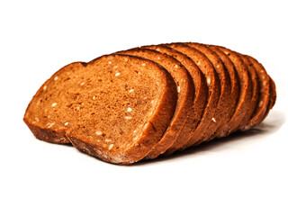 Tasty sliced rye bread loaf with nut pieces on a white background. Healthy food. High grain product. Bakery item.